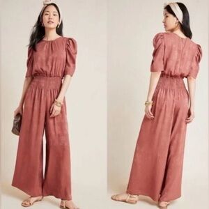 Anthropologie Current Air Rust Floral Puff Sleeve Jumpsuit